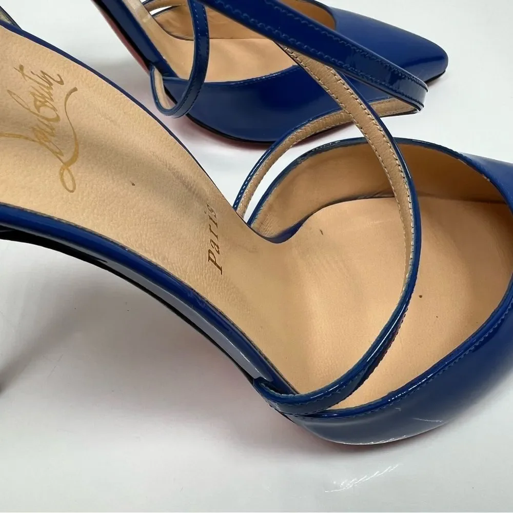 Christian Louboutin Cross Blake 100 Patent Electric Blue Strap Heel Pump Size 10 - Picture 5 of 9